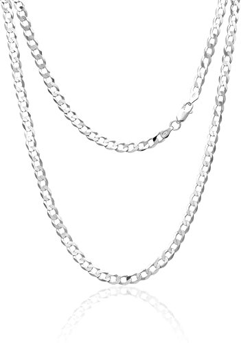 AKA Gioielli® - Herren Damen Kette 925 Sterling Silber Rhodiniert - 5mm Flache Panzerkette Diamantiert - Länge: 50 cm