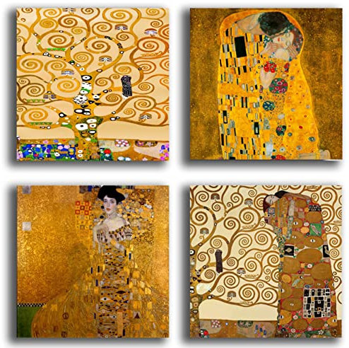 Printerland Quadri stile Klimt, 4 Pezzi, 30 x 30 cm, Albero della Vita Abbraccio, Oro, Stampa Tela Canvas Arredamento Arte XXL, Arredo per Soggiorno Salotto Camera da Letto Cucina Ufficio Bar