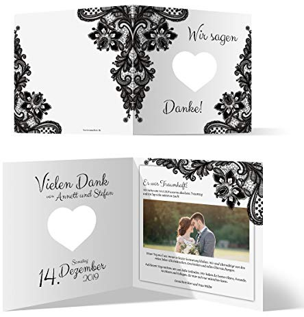 Personalisierte Hochzeit Dankeskarten Foto und Text individuell Herz ausgestanzt, Klappkarten 148x148mm, ab 10 Stück Menge wählbar - Rustikal Schwarz Weiß