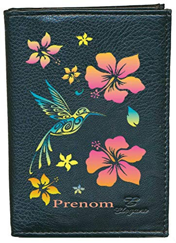 Syl'la Portefeuille Porte Monnaie pour Femme Noir en Simili Cuir (Colibri Orange avec prénom)