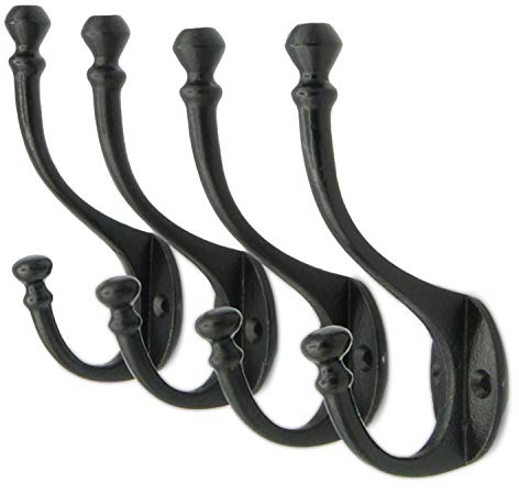 CRAFTSMAN ROAD Vintage Cast Iron Wall Hooks (Black, Set of 4) - Rustic, Farmhouse Coat Hooks | Coats, Bags, Towels, Hats | Heritage Select