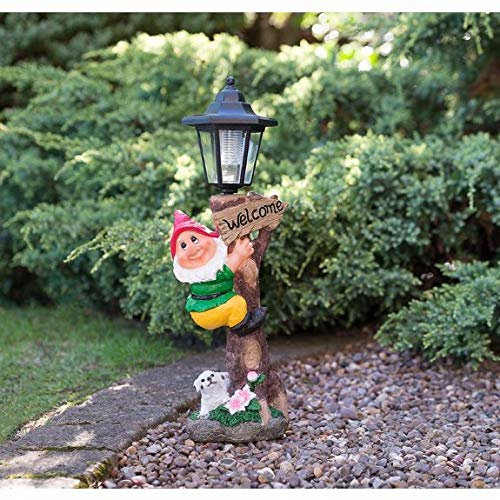 Solar Powered Garden Gnome with Light Up Lamp Post