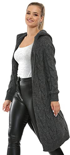 BESTITALIANUK Women Ladies Cardigan Cable Knitted Oversized Long Hooded Chunky Jumper Cape Top (UK, Numeric, 8, 16, Regular, Regular, Charcoal)