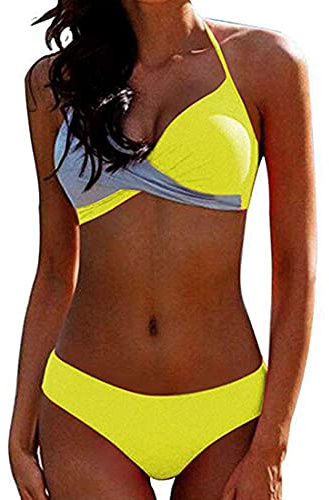 CheChury Donna Costume da Bagno Push Up Imbottito Reggiseno Bikini Due Pezzi Bikini Sexy Spiaggia Beachwear Swimwear Sportivo Mare Estate,Giallo,L