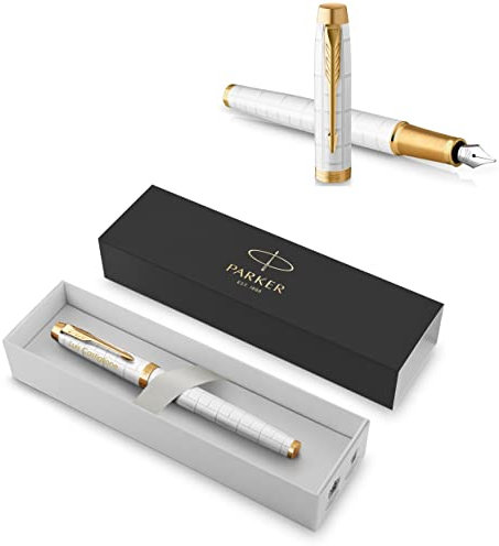 Parker IM Premium Fountain Pen with Engraving | Premium Pen | Gift Box | Blue Ink | Personalised Gift | Name | Engraved | Fountain Pen | Birthday | Gift Idea (Pearl G.C.)