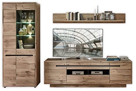 Stella Trading BELLANO Wohnwand Komplett-Set in Viking Eiche Optik, Graphit - Moderne Schrankwand mit LED-Beleuchtung für Ihr Wohnzimmer - 299 x 202 x 44 cm (B/H/T)