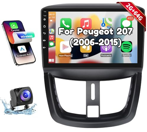 Podofo Carplay Autoradio per Peugeot 207 2006-2015,Android 2G+64G Hifi,9 Touchscreen Android Auto GPS Wifi Bluetooth FM RDS Radio USB Auto-Stereo-Player per Peugeot207 +Fotocamera