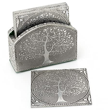 Tree Of Life Set Of 6 Coasters In Holder | Family Coasters With Holder Cup Mug Table Mats | Square Embossed Aluminium Drinks Coaster Set