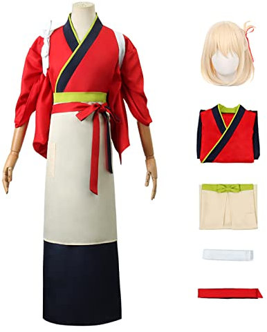 YEAJION Lycoris Recoil Chisato Cosplay Kostüm mit Perücke Anime Cosplay Verkleidung Chisato Nishikigi Cosplay Kostüm Japanische Kimono Halloween Karneval Party Bühnenauftritt Kostüm