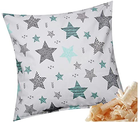 Heubergshop Zirbenkissen 40x40cm - Gefüllt mit Zirben - Sterne mit Kreisen und Punkten - Kissen mit Zirbenflocken/Zirbenspäne, Reißverschluss (Zirbe-560/1)