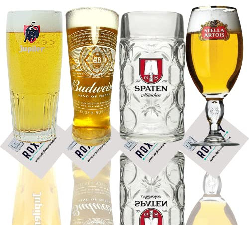 Roxley Set von 4 Draft-Gläsern, Lager, Stella, Budweiser, Spaten, Jupiler, gemischte Pint-Gläser, 4 Stück