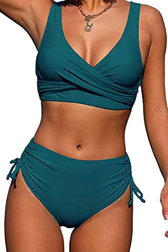 CheChury Womens High Waisted Bikini Set Sexy Push Up Cross Wrap Twist Front Swimsuit Tie Side 2 Piece Solid Bathing Suit,Blue,M