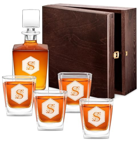 Maverton Whiskykaraffe 810 ml + 4/6 Whiskygläser mit Gravur - graviertes Whisky Dekanter Set - Glaskaraffe mit Gläsern für Whisky Genießerin - Whiskey Set für Frauen - Initiale