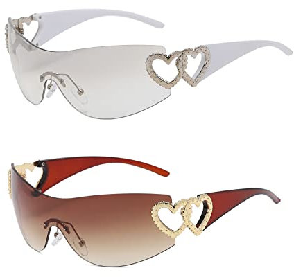 YAMEIZE Trendige Y2K Rundum-Herz-Sonnenbrille – für Damen und Herren, stilvolle randlose Wickelbrille, übergroße schwarze Brille, Radfahren, Fahren, Einkaufen, Outdoor, Transparent und Braun