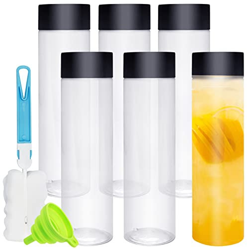 6Pcs 400ml /13.5Oz Plastic Juice Bottles, Empty Reusable Bottles with Caps, Funnel and Brush Clear Plastic Water Bottle Storage Bottles Smoothie Bottle for Storing Homemade Beverages, Milk, Water