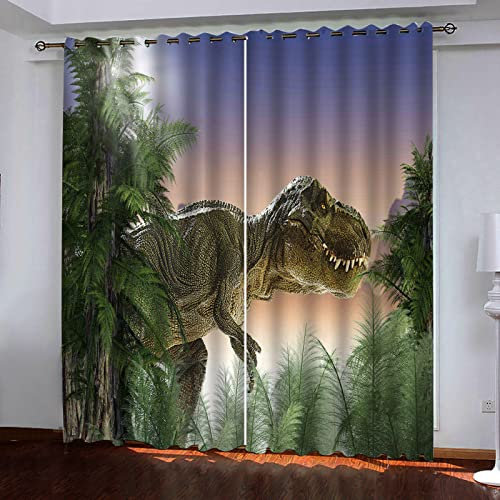 TFLABS Fenster Vorhang Schlaufen-Vorhang 2 Stück x 110 B x 215cm H Wald & Dinosaurier Dekorative Gardine Schlaufenschal Fenster-Schal