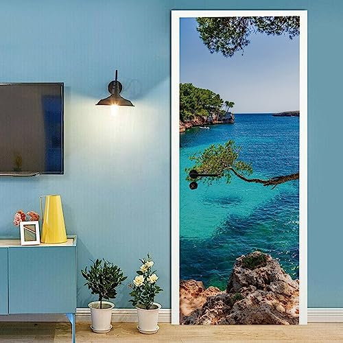 A.Monamour Sticker Porte Autocollant Poster De Porte 3D Paysage De L'Île Sur La Baie Balnéaire De Majorque De La Plage De Cala Serena À Cala Dor Vinyle Affiche De Porte Sticker Mural 85x200cm
