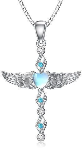 YAFEINI Mondstein Kreuz Kette für Damen 925 Sterling Silber Engel Flügel Halskette Kreuz Schmuck Geschenke für Frauen Mädchen (Kreuz Halskette)