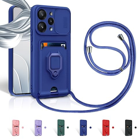 Aithne Cordon de Coque pour Xiaomi Redmi 12,Couvercle Coulissant de la Caméra+Support Annulaire à 360 Degrés,Fentes pour Cartes Lanyard Silicone Case -Bleu