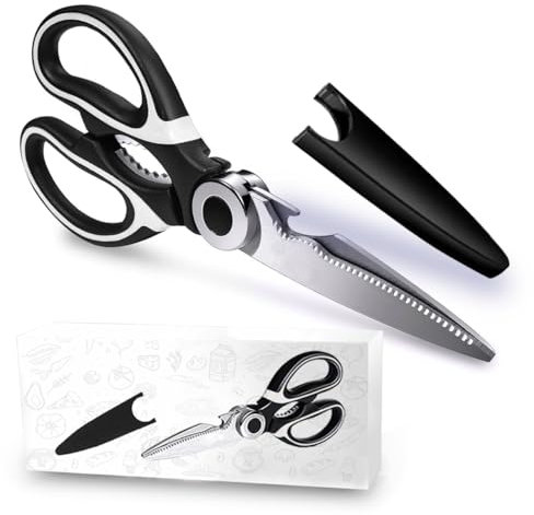 Spectre 1Pc Kitchen Scissors Heavy Duty Stainless Steel Kitchen Scissors with Safety Cover- Meat Scissors - Pizza Scissors - Multi Purpose Shears for Chicken UK Dish Washer Safe(1Pc White-Black)