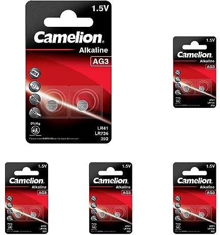 Camelion 12050203 - Alkaline Knopfzellen-Batterie ohne Quecksilber AG3/LR41/LR736/392 mit 1,5 Volt, 2er Set, Kapazität 41 mAh (Packung mit 5)