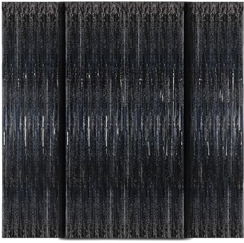 WD&CD Lametta Vorhänge Schwarz，3 Stück 1x2m Metallische Glitzervorhang Fringe, Glitzer Folien Fransen für Party Deko, Geburtstag Deko, Hochzeit Deko, Happy Birthday Deko, Baby Shower Deko