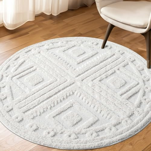payé Teppich Rund - 200x200cm - Hochflor - Boho - Pastell Creme Grau - Einfarbig - Modern Raute Muster- Skandinavisch Flauschig Weich - Schlafzimmer Dekoration
