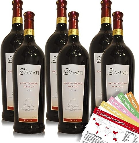 D'Amati Negroamaro Merlot Puglia, trocken, sortenreines Weinpaket + VINOX Winecards (6x1,0l)