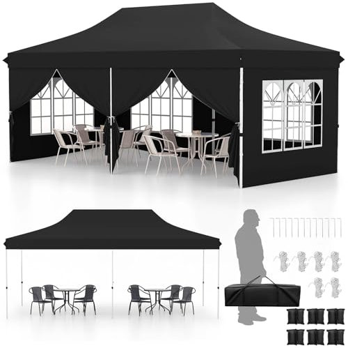 TANGZON 3 x 6M Pop Up Canopy Tent, 3-Level Height Adjustable Sunshade Shelter Gazebo with Carrying Bag & 6 Detachable Side Walls, Heavy-duty Marquee Tent for Garden Patio Backyard (Black)