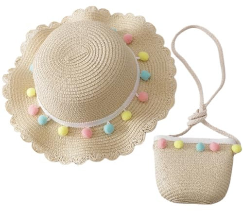 Sombreros de Paja para niños, Sombrero de Paja para niños y Bolso de Paja para niñas 2 Piezas/Set Summer Beach Sombrero de Paja & Bolsa de Paja Tejida Sombreros de Playa con ataques con Bolsas de Hom