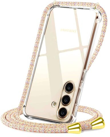 CAROKI Crossbody Case Samsung Galaxy S24,Necklace Mobile Phone Cover with Cord Strap,Clear Transparent TPU Soft iPhone Cover Holder with Neck Cord Lanyard Strap for Samsung Galaxy S24 6.1-Rainbow