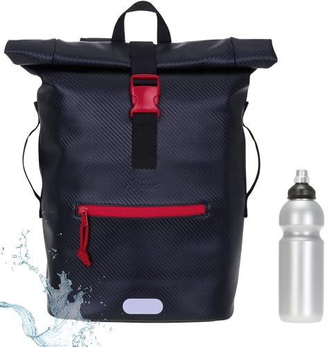 Rucksack Herren Plane Time Bag Kurierrucksack Roll-Top Fahrradrucksack Sport Fitness Damen 23 Liter A4 12821 + Flasche (Carbon Black RED 13075)