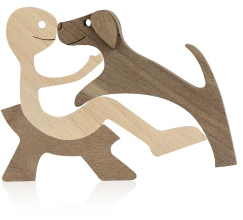 Thyonta 3 PCS Family Pet Carving Christmas Wooden Puppy Ornament - Creative Decoration for Furniture, Desktop Crafts (Man and Dog)