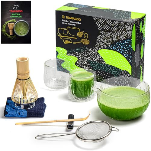 TEANAGOO Matcha Set Matcha Whisk Matcha Bowl with Pouring Spout Scoop Matcha Whisk Holder Tea Making Kit. Japanese Tea Set (7pcs) + 2Cups(5.6oz),S21,Clear Glass,Color Box Packing…