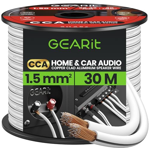 GEARit 2x1.5mm² Speaker Cable 30m, 16 Gauge Speaker Wire with Polarity Markings, 16AWG Copper Clad Aluminum CCA Audio Cable for In-Wall Home Cinema, Car Audio Stereo, HiFi Surround Sound(White)