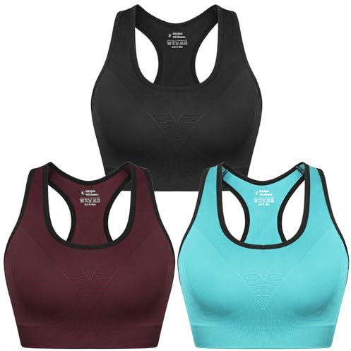 Sykooria Donna Reggiseno Sportivo Reggiseno da Allenamento Senza Ferretto Top Fitness Donna Palestra Imbottito per Ginnastica Yoga 341-Nero+Rosso+Blu L