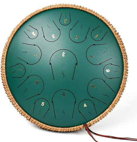 Steel Tongue Drum - 14 Zoll 15 Note Tongue Drum - Hand Pan Drum mit Notenbuch, Handpan Schlägel und Tragetasche, C-Dur, Grün