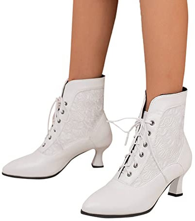 Stiefeletten Damen Vintage Viktorianische Stiefel Schnüren Schnürsenkel Steampunk Ankle Stiefel Mit Absatz Weiß 39