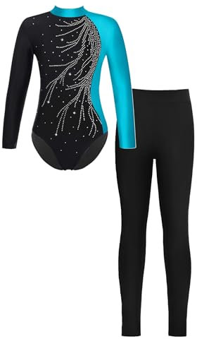 HULIJA Mädchen Turnanzug Langarm Tanz Trikot mit Lang Hose Turnbody Akrobatik Anzug Unitard Jumpsuit Bodysuit Overall Ballettkledung Grün Schwarz 122-128