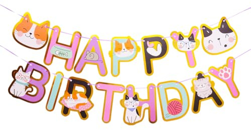 Katze Geburtstag Banner für Jungen Mädchen Kinder, Kitty Katze Happy Birthday Wimpelkette Girlande Banner für Katze Thema Geburtstag Party Hängende Wanddekorationen