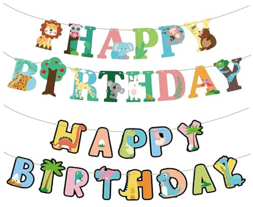 TYFGRT 2 Banderas Colgantes De Feliz Cumpleaños, Decoraciones De Cumpleaños De Animales del Bosque, Decoraciones De Cumpleaños De Dinosaurios De Dibujos Animados, Decoraciones De Fiesta De Animales