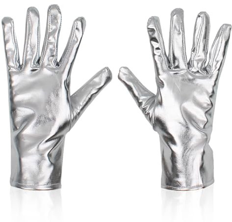 MorLuks Kurze Handschuhe Silber Lederhandschuhe, Alien Handschuhe, für Damen Herren Party Kostüm Handschuhe, Mottoparty, Halloween, Fasching Karneval,Hochzeit,Handschuhe, Bühnenhandschuhe