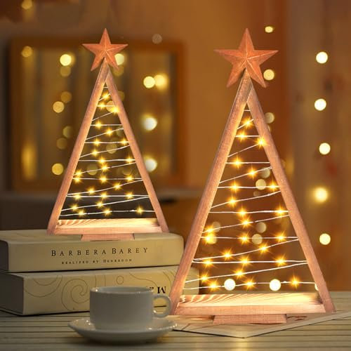 GZWY Weihnachtsdeko Beleuchtung Weihnachtsbaum aus Holz, 2 Stück Weihnachtsdeko Innen Aussen Weihnachtsbaum mit LED Licht, Weihnachtsbeleuchtung Außen für Weihnachten Deko Weihnachten Geschenke (A)