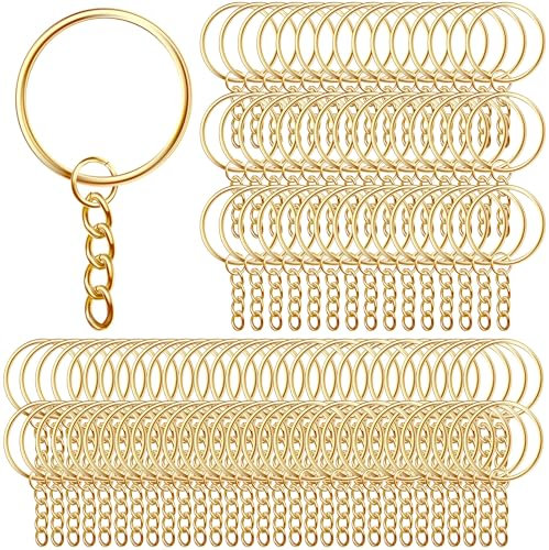 AiQInu 100 Pièces 25mm Anneaux Porte Clé avec Chaîne, Porte Clé avec Split Porte Clef, Porte Clef pour Bricolage, Loisirs - Doré