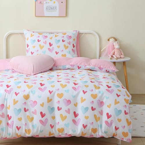 FEKOHIPY Kinder-Bettwäsche-Set Love Pink Kinderbettwäsche 135x200 Mädchen Herz bunt 3D-Druck Mikrofaser Kid Cute Bettbezug mit Reißverschluss und 1 Umschlag Kissenbezug 50x75cm Kinderbettwäsche