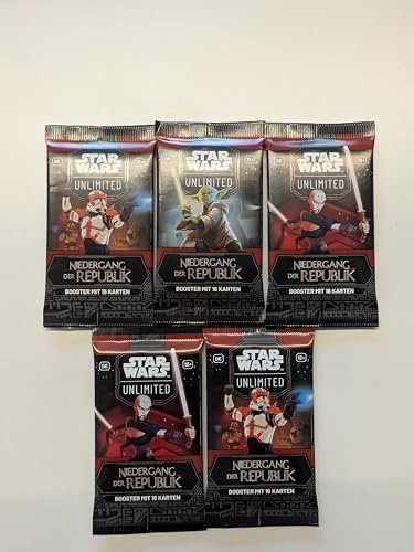 Star Wars: Unlimited - Niedergang der Republik - 5 Booster (mit jeweils 16 Karten pro Booster) - Deutsch - Originalverpackt - Trading Card Game - mit LMS Trading Grußkarte