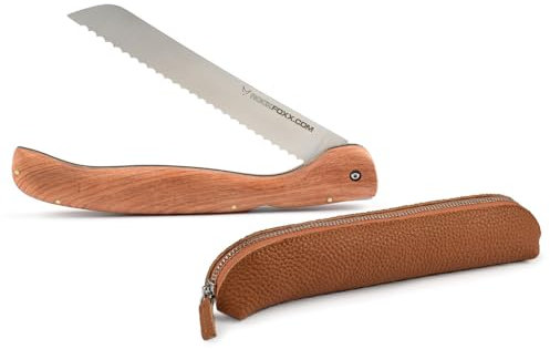 FOXXKNIFE - Cuchillo plegable para pan (18,5 cm, acero inoxidable, mango de madera de olivo o padauk, con práctica funda para cuchillos, grabado láser a petición, incluye funda de piel, sin grabado)