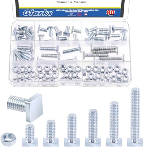 Glarks 90 bulloni a testa quadrata M6 x 10/12/16/20/25/35 mm, zincati, completamente filettati, in acciaio al carbonio, grado 4,8, viti quadrate con dado esagonale per macchinari e connessioni