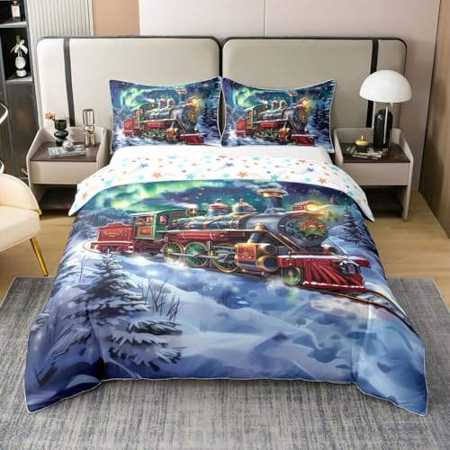 Homewish Retro Zug Baumwolle Bettbezug 135x200 Kinder Teens Weihnachten | Dampfmaschine Bettwäsche Set Grüne Polarlichter Bettbezug Fahrzeuge Transport Bett Set mit 1 Kissenbezug Atmungsaktiv