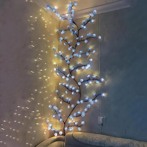 Kirschblüten Willow Vine Wand Deko - 72 LEDs Lichterkette Wanddeko mit Fernbedienung, 8 Modi, Timer, Weidenrebe Baum Lichter für Schlafzimmer Deko Weinachtsdekorationen (Blau Kirschblüten 72 LEDs)